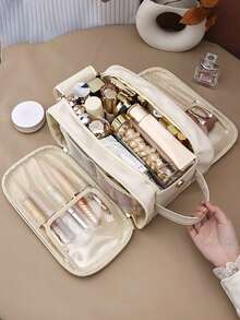 Bolsa de maquillaje multifuncional de cuero PU impermeable color camello, bolsa de maquillaje de doble capa, portátil, ligera y elegante para viaje, para el hogar y para exteriores - Albaricoque - Ver 3