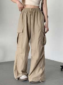 Pantalones De Pierna Ancha De Color Sólido Con Cordón En La Cintura Para Mujeres - Caqui - Ver 5