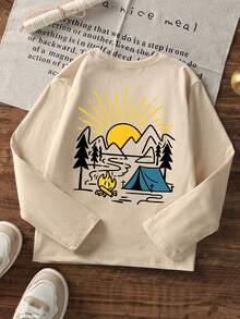 1pc Baby Boy Casual Printed Crew Neck Pullover Long Sleeve T-Shirt Autumn Children's Top - Apricot - View 3