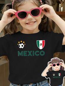 MEXICO SOCCER Camiseta de Verano de Manga Corta para Niñas, Casual, Transpirable, Estilo Europeo y Americano - El Mejor Regalo para Niños - Camiseta a la Moda - Negro - Ver 2