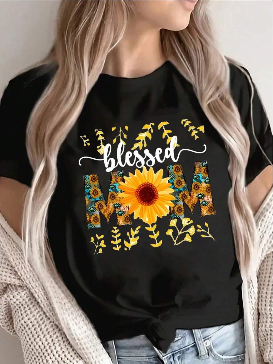 Women's T-Shirt: A Short-Sleeved Black And White T-Shirt With A Sunflower Design, Ideal For Halloween And Christmas. Perfect For Wearing At Home In The Living Room. Tops For Women - 黑色 - 查看 1