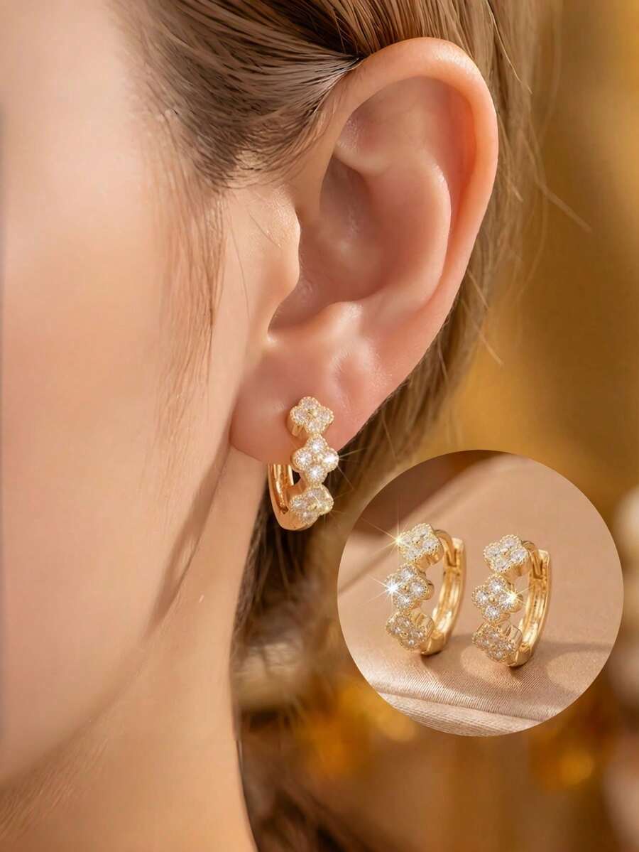 Women's Gold Cross Earrings, Elegant And Luxurious With Cubic Zirconia, Ideal For Daily Use, Parties, Weddings, Anniversary Gifts, Modern And Versatile. - 金色花朵耳環 - 查看 1