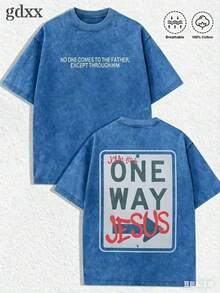 Jesus Graphic Print T-Shirt 'God Has A Plan', Double-Sided Print, Washed T-Shirt, Party Favors, Y2K Graphic Tees For Men, Vintage Washed Style T-Shirts - Blue 2 - View 1