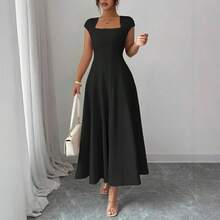 Nuevo y elegante vestido largo de manga corta y cuello cuadrado. - Verde - Ver 4