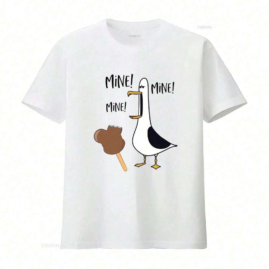 Playera Holgada Estampado Gaviota Divertida Manga Corta Cuello Redondo Streetwear Casual Estilo Urbano Aesthetic Chica Blusa - Blanco - Ver 1