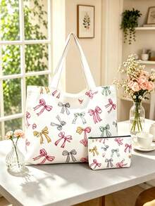 2 piezas/1 set Bolso de mano estampado, diseño colorido. Bolso de hombro de moda, bolso de mano, bolsa de compras, adecuado para compras, oficina, vacaciones, uso diario - Multicolor - Ver 1