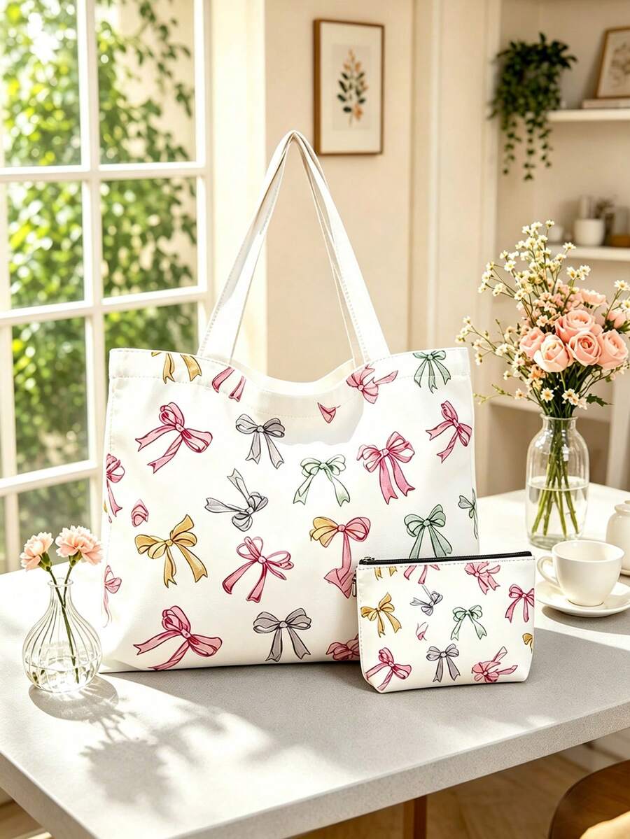 2 piezas/1 set Bolso de mano estampado, diseño colorido. Bolso de hombro de moda, bolso de mano, bolsa de compras, adecuado para compras, oficina, vacaciones, uso diario - Multicolor - Ver 1