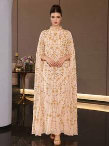 Elegant Embroidered Long Robe, Stand Collar, Pearl Embroidery, Batwing Half Sleeves, Soft Fabric Suitable For Parties And Formal Events - Apricot - View 3
