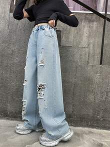 Girls' Fashion Distressed Graffiti Print Casual Denim Jeans - Medium Wash - View 6