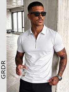 GRDR 男士夏季半拉链 Polo 领短袖 T 恤，适合户外休闲穿着 - 白色 - 查看 6