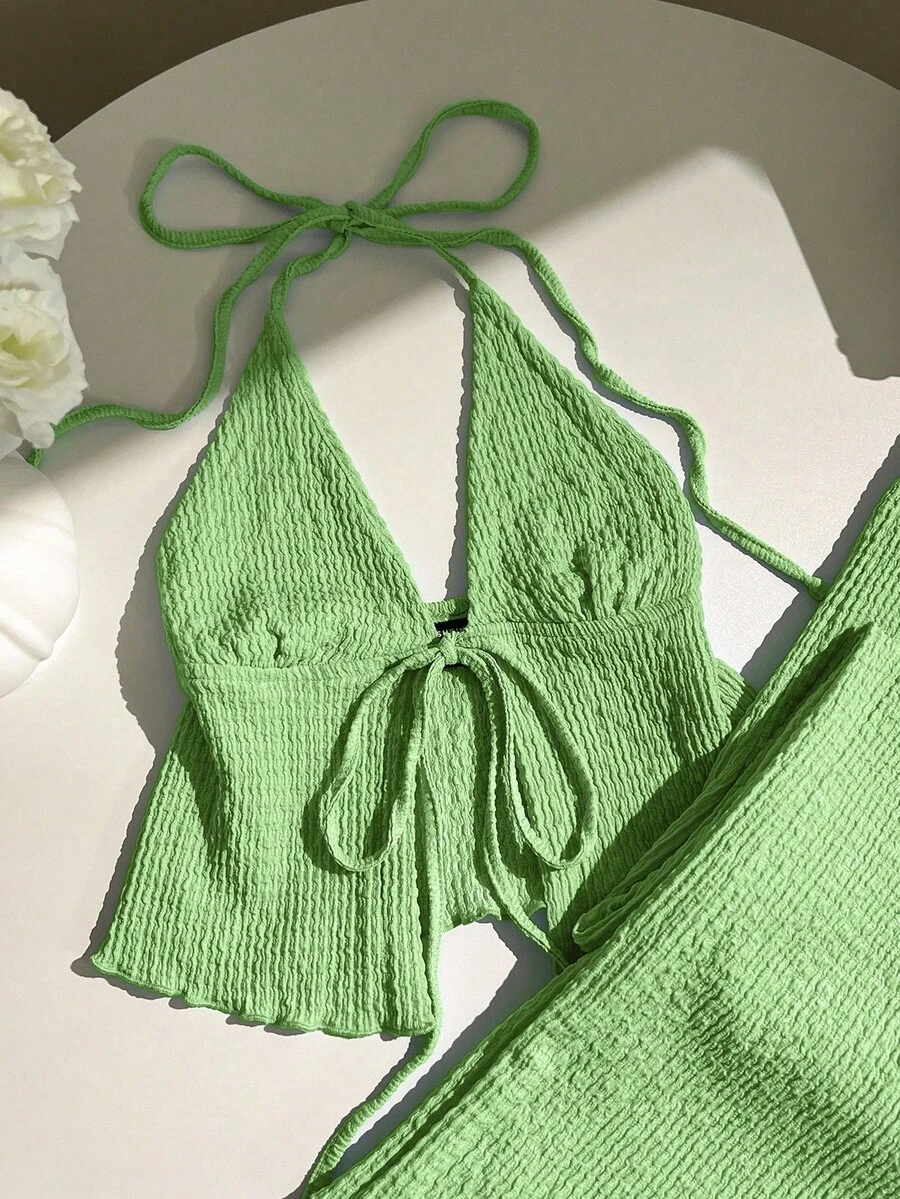 2026 Conjunto de top halter plisado de tela texturizada y pantalones anchos de pierna ancha - Verde 3 - Ver 1