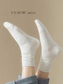 1/5/10/20 paires de chaussettes bateau pour femmes, confortables & douces, hautement absorbantes, couleurs riches, chaussettes mi-mollet à la mode & polyvalentes, convenant pour la rentrée scolaire - Blanc - Voir 9