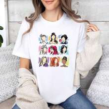 Remera Estampado Rostros Moda Boceto Manga Corta Cuello Redondo Streetwear Casual Estilo Retro Vintage Juvenil Novedad Top Urbana - Blanco - Ver 1
