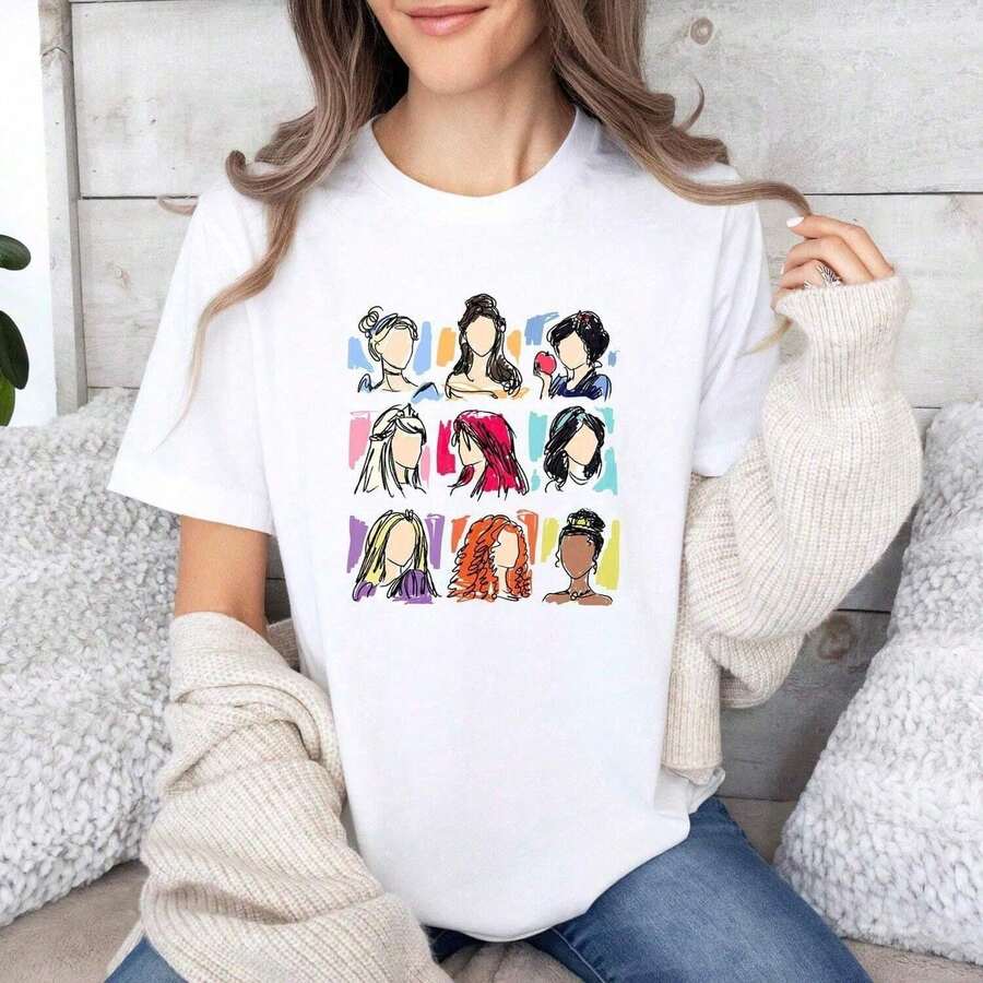 Remera Estampado Rostros Moda Boceto Manga Corta Cuello Redondo Streetwear Casual Estilo Retro Vintage Juvenil Novedad Top Urbana - Blanco - Ver 1
