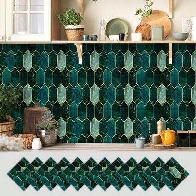 10pcs Shiny Self-Adhesive Tile Stickers, Kitchen Oil-Proof & Waterproof Bathroom Wallpaper, Stove Stickers, Luxury Wall Decals
