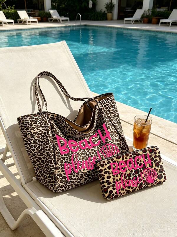 Bolso de playa de gran capacidad con estampado de leopardo, impreso con BEACH y patrón de conchas, bolso de hombro de moda, bolso de maquillaje con estampado de leopardo, monedero, bolso plegable, bolso de viaje esencial de verano, ideal para viajes a la playa, fiestas en la piscina, compras y uso diario, adecuado para mujeres, adolescentes, estudiantes universitarios, trabajadores de oficina, viajeros y amantes de la playa, perfecto para verano, temporada de vuelta a la escuela, temporada de graduación, regalos, multifuncional, se puede usar como bolso de playa, bolso de compras y bolso de axila, bolso escolar.