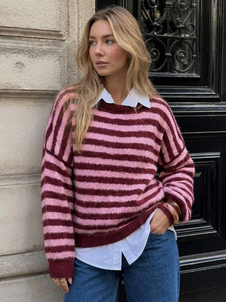 Women's Knit Sweater, Long Sleeve Crew Neck Pullover, Striped Sweater, Suitable For Autumn/Winter, Casual Spring Outfit