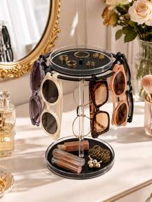 1pc 360° Rotating Fashion Glasses Storage Rack, Acrylic Glasses Holder With Tray, Glasses Storage Rack With Storage Base, Suitable For Vanity, Desk, Bedside Table And Home Decor, Black,Bedroom Room Decor,Back To School - Black - View 5