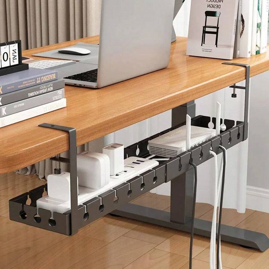 1pc Retractable Metal Under Desk Cable Management Tray, Clamp‑On No Drill Wire Organizer, Power Strip Holder For Home Office Desk