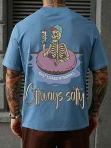 Men's Casual Vacation Style Printed Short Sleeve T-Shirt, Comfortable And Breathable, Suitable For Summer Wear - Dusty Blue - View 8