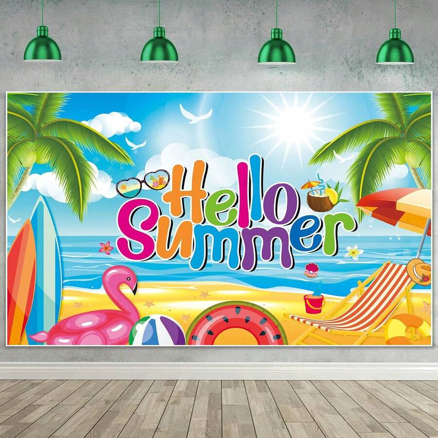 1pc Backdrop Banner For Hello Summer Large Hawaiian Pool Beach Party Background Banner For Summer Tropical Party Decorations For Summer Holiday Indoor Outdoor Photo Booth Props - View 1