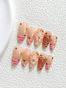 10pcs Korean Sweet Handmade Press-On Nails, Polygel Nail Art Set, Pink Five-Petal Flower, Stripes, Round Rhinestones, Pink Nail Polish, Minimalist Style, Includes Nail Tools, 3 Sizes Available, Almond/Duck/Coffin Shape, Suitable For Party, Dancing, Daily Wear - 彩色 - 查看 3