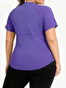 Plus Size Women Purple Raglan Sleeve Short Fitness Top Summer Sports - Violet Purple - View 2
