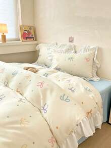 Creamy Girl Style Ruffle Edge Skin-Friendly Brushed Lace Duvet Cover 3 Pieces Set (1 Duvet Cover + 2 Pillowcases, Duvet Insert And Pillow Inserts Not Included), Bedding Set, Comfortable Soft Breathable Versatile, Machine Washable For All Seasons - Blue - View 10