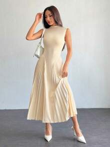 PETITE Vestido ajustado de línea A con pliegues elegante para mujer - Albaricoque - Ver 6