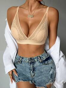 2pcs Women's Lace Patchwork Wireless Rabbit Ear Cup Bra, Back Closure Adjustable Straps, Mesh Patchwork Sexy Breathable Lightweight Lingerie - Multicolor - View 5
