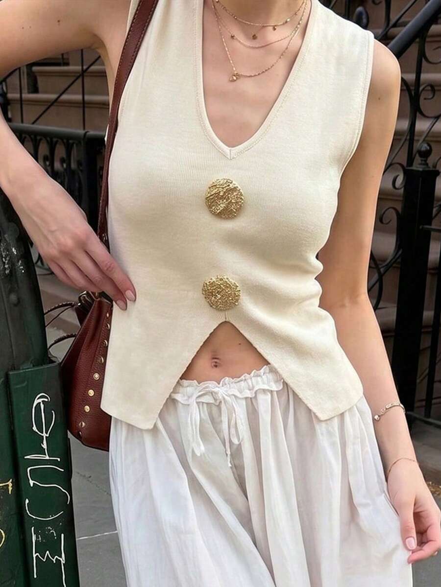 2026 Women's New V-Neck Sleeveless Fitted Short Knit Vest, With 3D Large Gold Decor Button, Front & Side Hollow Design, Relaxed Fit Sexy Style, Suitable For Daily Wear, Cafe, Work, Short Date, Vacation Summer - Apricot - View 1