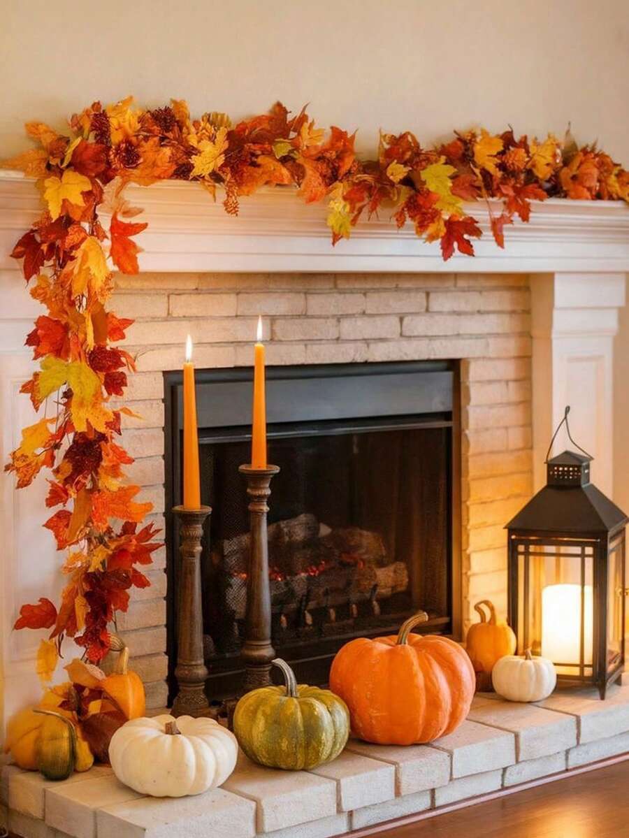 1pc Maple Leaf Autumn Wreath, 5.5ft/Pc Hanging Vine Artificial Autumn Leaf Garland, Thanksgiving Home Wedding Fireplace Party Christmas Decor, Autumn Decoration