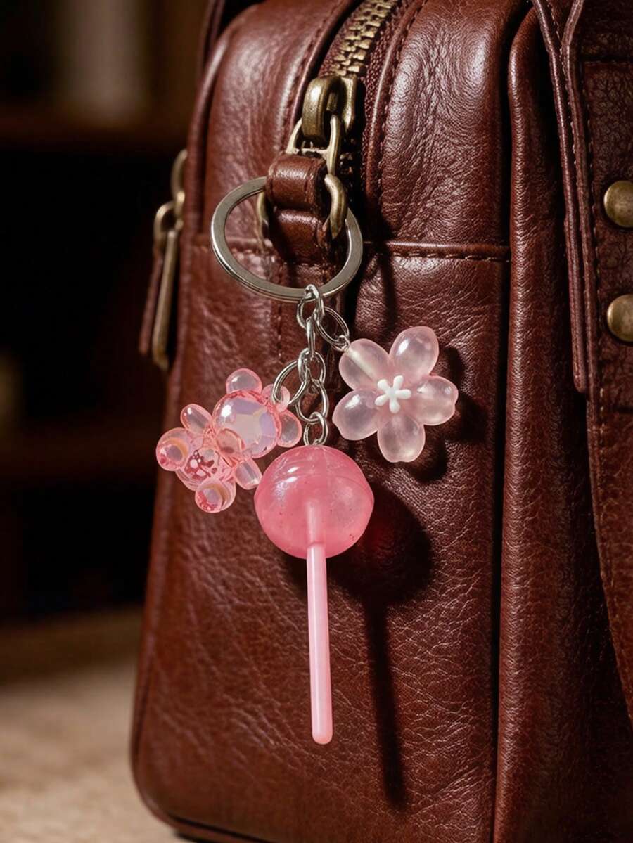 Cute Pink Lollipop Keychain With Acrylic 3D Transparent Bear And Flower Pendant, Kawaii Resin Keyring, Women/Girls Beautiful Key Ring, Round Lollipop Shaped Alloy Keychain, Daily Use, Mini Fashion Wallet Accessory, Can Decorate Phone, Bag, Backpack, Keys, Pants And Handbag, Perfect Small Gift For Mother's Day/Teacher's Day/Birthday/Valentine's Day/Summer, Lightweight Metal Key Ring With Lollipop And "Sweet" Candy Pendant - Multicolor - View 1
