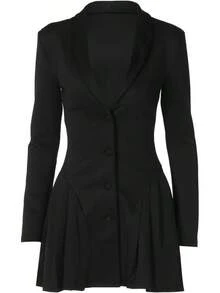Women's Elegant Mini Blazer Dress With Deep V-Neck, Long Sleeves, Buttons And Pleats - 黑色 - 查看 5