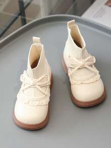Girls' Soft Sole Comfortable Lace Bow Sock-Style Ankle Boots, Fashion Soft Sole Knitted Lace-Up Mary Jane Shoes - Beige - View 5