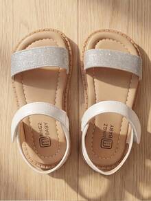 1 Pair Girls' Cream White Glitter Simple Princess Sandals, With Adjustable Hook And Loop Ankle Strap, Non-Slip Flat Sole, Breathable Open Toe Lightweight Summer Shoes, Suitable For Toddlers.Kids Daily.School.Party.Travel.Home.Outdoor Children's Shoes - Silver - View 4