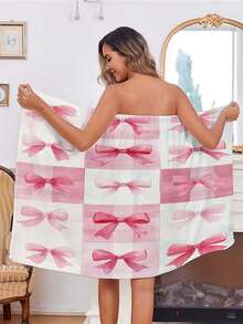 1 Set 4pcs Bow Checkerboard Checkerboard Print Dry Hair Cap Bathrobe Towel Set, Watercolor Hand-Painted Style Pattern, Bathrobe Towel, Dry Hair Towel, Wearable Bath Towel, Women's Bathrobe, Sauna Dress, Bathrobe, Shower Dry Hair Cap, Adult Home Bathrobe Dry Hair Cap Set, Machine Washable, Bathroom Accessories, Bathroom Essentials, Casual Decor, Travel Decor, Gift, Ideal Holiday Gift - Baby Pink - View 17