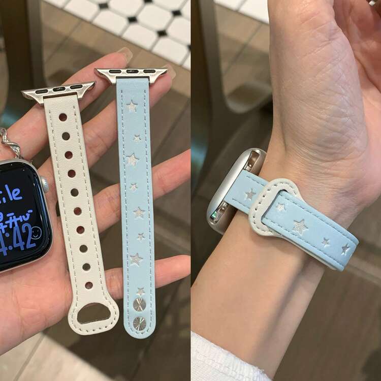 Fashionable Band | Icy Blue & Milky White/Multi-Color Options | Synthetic Leather With Star Rivets | Versatile For Commute & Casual Wear | Compatible With Apple Watch 1/2/3/4/5/6/7/8/9/10/SE/Ultra | 38mm/40mm/41mm/42mm/44mm/45mm/49mm | Chic & Sweet Style - Off-white and Hazy Blue - View 1