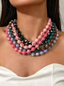 1 pieza o 6 piezas Collar de estilo bohemio de moda con cuentas de plástico de colores con patrón de corazón, cuentas con forma de estrella, conjunto de cuentas de arroz asimétricas de varios colores, múltiples estilos disponibles, adecuado para el uso diario de las mujeres, vacaciones, fiestas, banquetes nocturnos y talla grande ocasiones, el color, el patrón y el tamaño del plástico son multicolores hechos a mano, cada cuenta es diferente - Multicolor - Ver 12