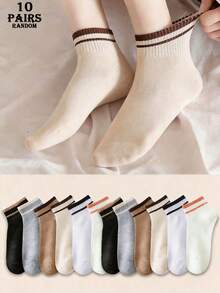 5/10 Pairs [Random Shipment] Women's Short Socks, Cute Socks, Girls Socks, Double-Line Anti-Slip Design, Breathable Mesh Sweat-Wicking Design, Soft And Comfortable, Suitable For Daily Wear, Home Sports, Office Attire, College Style Design, Suitable For All Seasons And Various Holidays, Invisible Socks And Short Socks - Multicolor - View 10