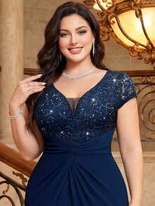 Plus Size Elegant Deep V-Neck Sequin Floral Lace Ruched Twisted Waist Mermaid Hem Formal Evening Gown, Birthday Outfit Party Vacation Wedding Fall - Navy Blue - View 8
