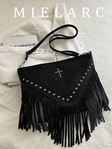 Bolso bandolera de cuero retro de moda, bolso de hombro estilo bohemio con flecos y remaches, cartera cuadrada casual, bolso de mensajero adecuado para viajes y uso diario, bolso bandolera d - Negro 4 - Ver 3