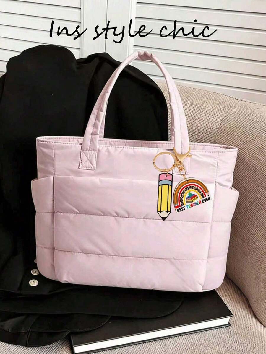 Este un bolso de mano de mujer de color marrón claro sólido con gran capacidad interior, dos bolsillos laterales para botellas de agua, cierre con cremallera y asas dobles superiores para - Rojo - Ver 1
