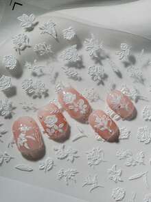 1pc Minimalist Pure White Embossed Floral 6D 3D Nail Art Sticker, Full Coverage Raised White Roses, Lilies, Branches And Vines With Handwritten Cursive English, Clean Matte White, Transparent Base Film, Suitable For Cool Commute Nude Nails, Bridal Wedding Looks, High-End Minimalist Salon Creations, Ideal For Office Workers, Brides, Nail Art DIY Enthusiasts Who Love Elegant Atmosphere And Light Vintage Floral Style - White - View 7