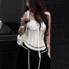 Camisola sexy de moda europea y americana para mujer, ajustada, sin espalda y que revela el abdomen, moldeadora del cuerpo. - Blanco - Ver 4