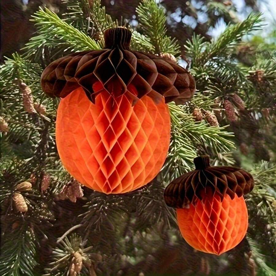 10/2pcs Autumn Acorn Honeycomb Decorations, Thanksgiving Paper Honeycomb Hanging Ornaments, Autumn Tree-Shaped Party Gift Decor, Home Decoration Supplies - View 1