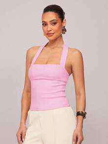 Camisola  para Mujer, de Color Sólido, con Cuello Halter y Espalda Descubierta, para Verano - Albaricoque - Ver 21