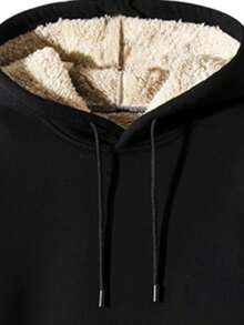 Men's Plain Black Lined Sweatshirt Pullover Featuring Simple Drawstring Hood, Solid Color Long Sleeve H-Fit Sports Top Fall - Black - View 3
