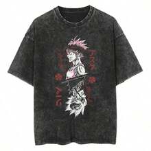 Camiseta estampada de manga corta, ropa casual de verano, ropa de calle, camiseta lavada y con aspecto envejecido, cómoda. - Negro - Ver 1