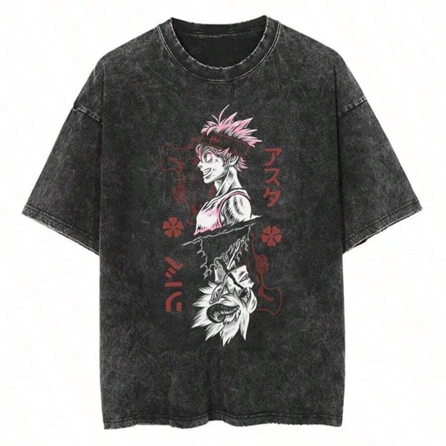 Camiseta estampada de manga corta, ropa casual de verano, ropa de calle, camiseta lavada y con aspecto envejecido, cómoda. - Negro - Ver 1
